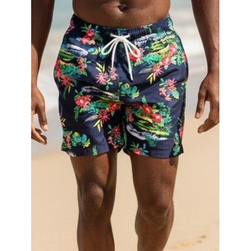 Lands End Mens L 36/38 Tropical Floral Swim Trunks Blue Hibiscus Mesh Liner